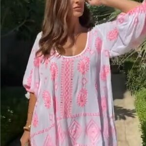 PRANELLA Elegant Coral and Cream Embroidered Women's Swim Kaftan Coverup O/S